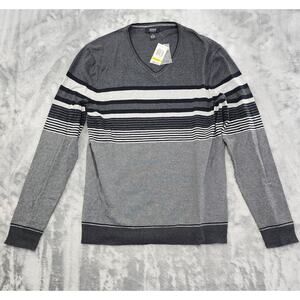 New Alfani Striped V-Neck Pullover Sweater Size M Black Gray Lightweight Cotton